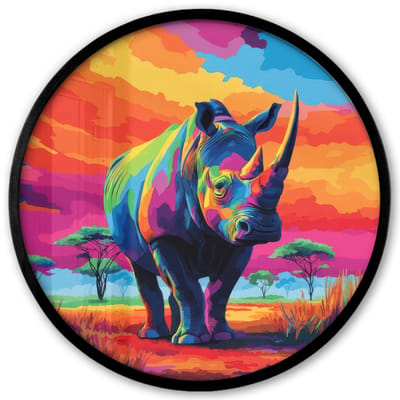 Poster in lijst Rond - Fotolijst 40x40 cm - Posters - Neushoorn - Zonsondergang - Savanna - Kleurrijk - Ronde posterlijst zwart - Decoratie - Wanddecoratie woonkamer - Muurdecoratie slaapkamer