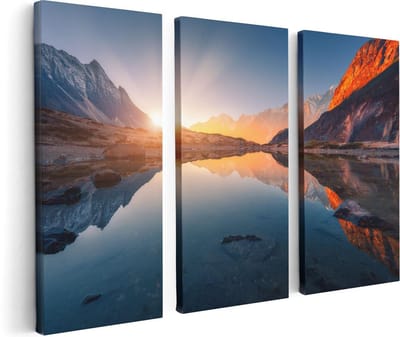 Artaza Canvas Schilderij Drieluik Bergen Landschap Met Zonsopgang - 120x80 cm - Wanddecoratie Woonkamer - Schilderijen - Muurdecoratie