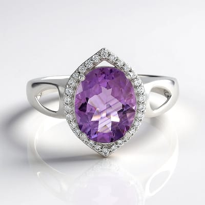 Cavill - Zilveren Ring - 925 Sterling Zilver - Zambia Amethist Ovaal 2,115 ct - 30 Cambodjaanse Zirkonia 0,189 ct - Paars Elegant Design