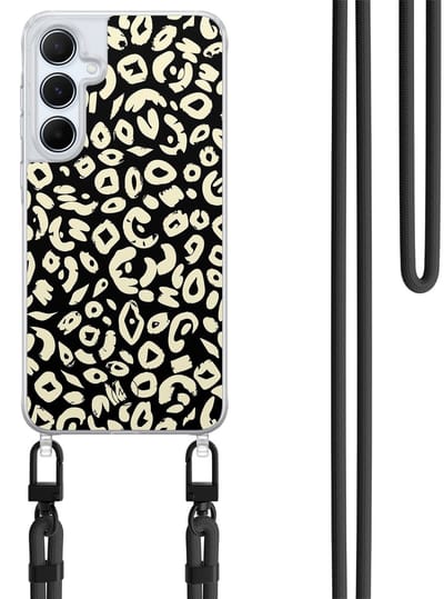 Hoesje met koord geschikt voor Samsung Galaxy A55 - Animal skin - Inclusief Zwart koord - Crossbody beschermhoes - Transparant, Zwart - Mooie Telefoonhoesjes