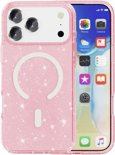 YPCd Glitter Hoesje met MagSafe voor Apple iPhone 17 Pro – Shockproof TPU Backcover – Verhoogde Randen – Transparant Roze