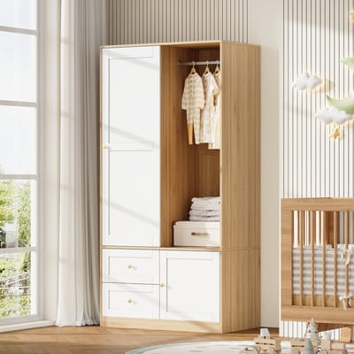 HAUSS SPOLE Kledingkast Met Schuifdeur - Lade, Vakken En Kledingroede - Voor Slaapkamer - MDF - 90x50x180 Cm - Wit Naturel