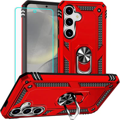 Casemania Hoesje en Glas Geschikt voor Samsung Galaxy S25 - Rood - Anti-Shock Hybrid Armor Back Cover - Hoes met Kickstand Ring - 1x Glazen Screenprotector