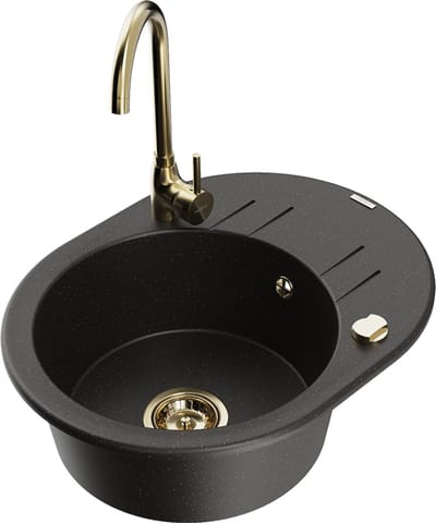 Mexen Kevin granitische gootsteen met 1 bak en afdruiprek en keukenkraan Telma, zwart/gouden metallic - 6517-75-670200-50
