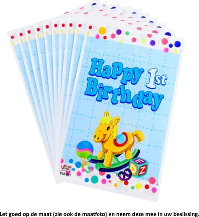 10x Uitdeelzakjes Happy First Birthday Blauw 16.5 x 25 cm - Cellofaan Plastic Traktatie Kado Zakjes - Snoepzakjes - Koekzakjes - Koekje - Cookie Bags - Verjaardag - 1e - 1 jaar oud - Eerste - Traktatie - Snoepzakjes - Koekzakjes - Goodiebag Giftbags