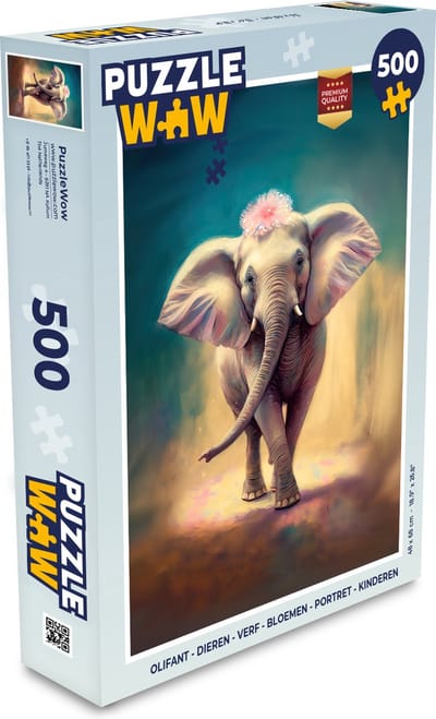 Puzzel Olifant - Dieren - Verf - Bloemen - Portret - Kinderen - Legpuzzel - Puzzel 500 stukjes