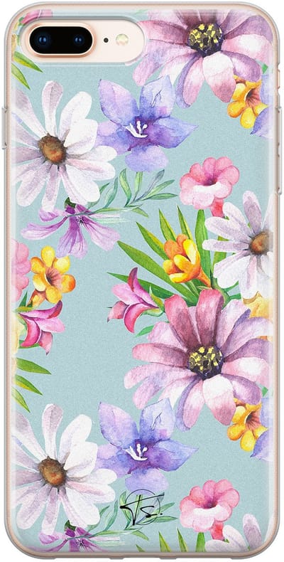 Hoesje geschikt voor iPhone 8 Plus - Mint bloemen - Soft Case - TPU - Bloemen - Blauw - Mooie Telefoonhoesjes
