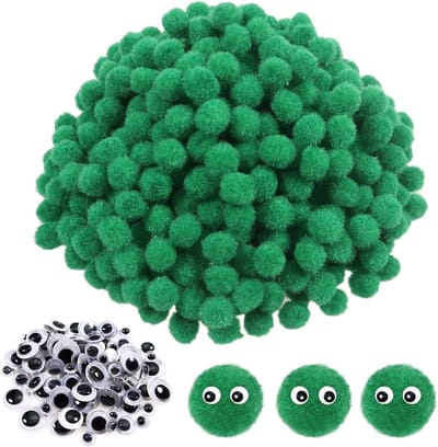 570 Stuks Craft Pompoms Groen 1 cm - Fluffy Borstels met 100 Beweegbare Ogen Stickers voor DIY Handwerk Decoraties