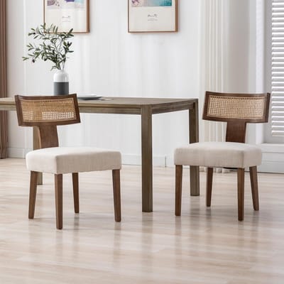 Eetkamerstoelen set van 2 – 57,8 x 52 x 86,5 cm – Vintage houten stoelen met rotan rugleuning en gestoffeerde zitting – Beige – Laura