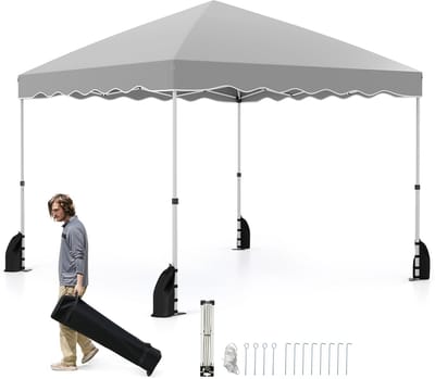 COSTWAY Paviljoen, 3 x 3 m, vouwpaviljoen, waterdicht, met roltas, incl. 4 windtouwen en 4 zandzakken en 8 haringen, winterbestendig, tuinpaviljoen voor feestjes, festival, markt, camping, grijs