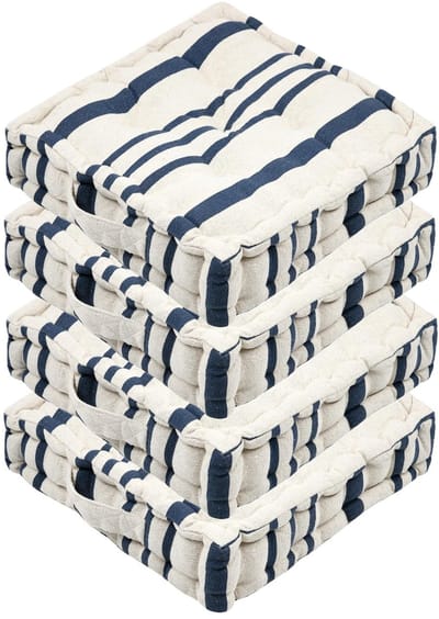 Stof Textile Vloerkussen Beach - 4x - creme wit/blauw - katoen - 45 x 45 x 10 cm - Extra dik - extra zitplaatsen - spelen - gamen - relaxen