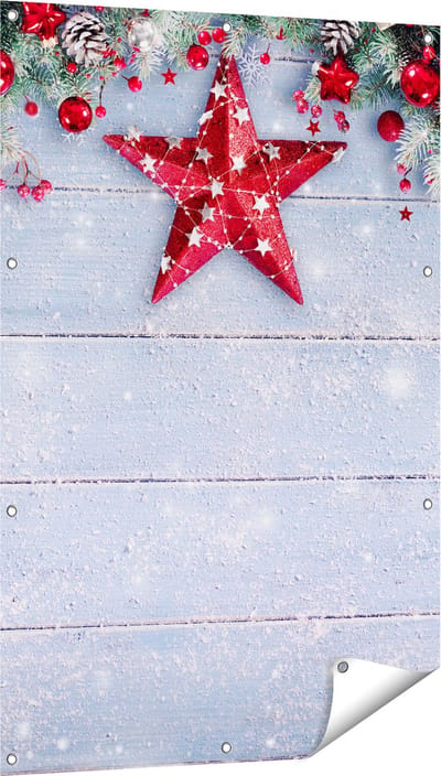 Gards Tuinposter Kerst Achtergrond met Sneeuw op Tafel - 80x120 cm - Tuindoek - Tuindecoratie - Wanddecoratie buiten - Tuinschilderij