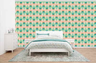 Behang - Fotobehang Retro - Bloemen - Design - Groen - Oranje - Breedte 500 cm x hoogte 280 cm