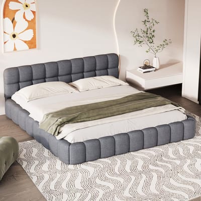 Tweepersoonsbed 160x200 cm – Gestoffeerd Bed met Grijze Linnen Bekleding en Decoratieve Rand
