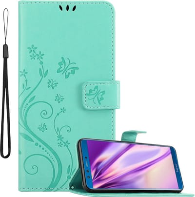 Cadorabo Hoesje geschikt voor Honor 9X LITE in BLOEMEN TURKOOIS - Beschermhoes in bloemmotief met magnetische sluiting, standfunctie en kaartsleuven Book Case Cover Etui