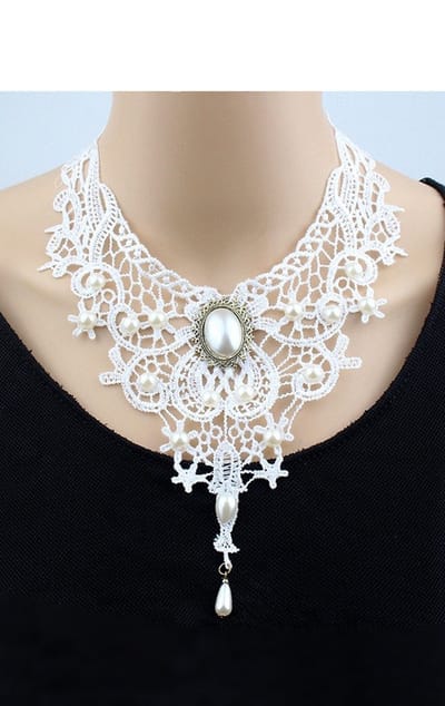 KIMU® Ketting Kant Wit Brons Steen - Steampunk Lolita Witte Kanten Collar Roaring Twenties Blinders Vintage Lace Great Gatsby Charleston Brocante Jugendstil Art Deco Victoriaans Choker Sexy Antieke Festival