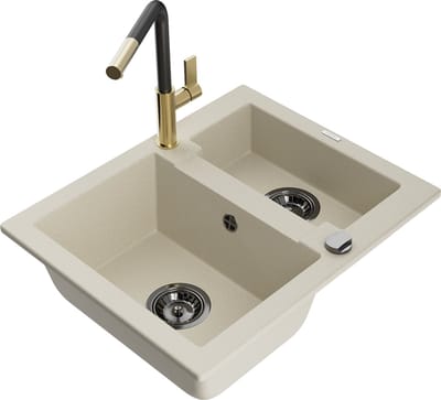 Mexen Carlos granieten gootsteen 1,5-komers met keukenmengkraan Flora, beige - 6518-69-670401-57-B