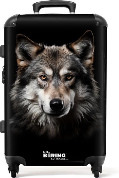 NoBoringSuitcases.com® - Koffer groot - Rolkoffer lichtgewicht - Wolf portret tegen een zwarte achtergrond - Reiskoffer met 4 wielen - Grote trolley XL - 20 kg bagage
