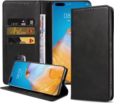 Smartphonica Telefoonhoesje geschikt voor Huawei P40 Pro Plus kunstleren Hoesje met Magnetische sluiting en Pasjeshouders Book Case met Klepje - Zwart geschikt voor Huawei P40 Pro Plus