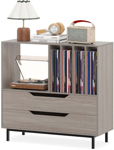 Platenspelermeubel - LP-kast - Platenspelerkast - Draaitafelstandaard - Platenspelerstandaard - Vintage Displayplank - Grijs