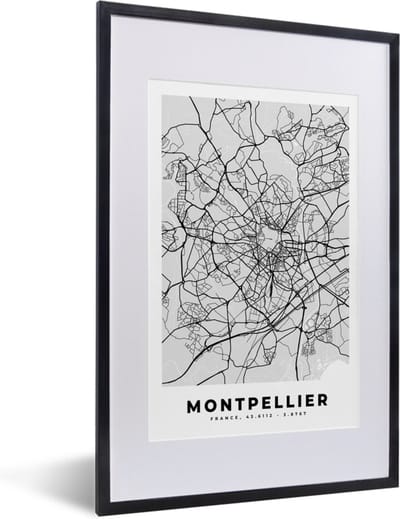 Fotolijst incl. Poster - Plattegrond - Kaart - Stadskaart - Frankrijk - Montpellier - 40x60 cm - Posterlijst