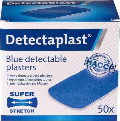 Detectaplast blauwe pleisters - metaaldetecteerbare en elastische pleisters sensitive, wondpleisters voor de voedingsindustrie, catering en grootkeuken, 50 x 72 mm, 50 stuks