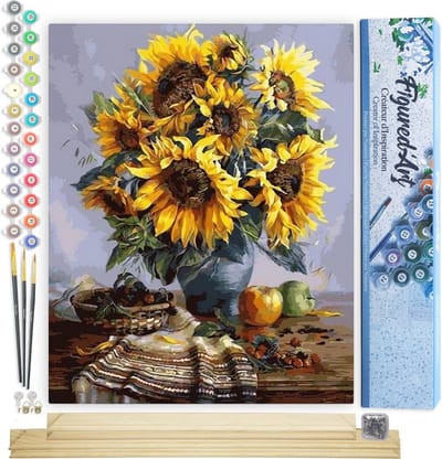 Figured'Art Schilderen op Nummer Volwassenen canvas Boeket zonnebloemen - Handwerk acrylverf Kit DIY Compleet - 40x50cm met DIY houten lijst