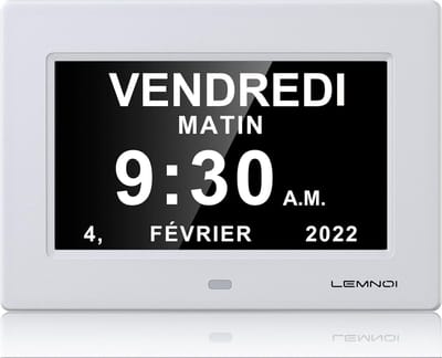 7 inch LCD digitale klok kalender – grote HD display met volledige datum, dag en tijd – automatische helderheidsdimming – 8 talen – geheugen- en herinneringsfunctie – gebruiksvriendelijk voor ouderen en kinderen – wit