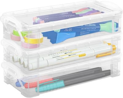 3 stuks potlooddoos, stapelbare plastic etui met klikdicht deksel, doorzichtige stationaire organizer voor ambachtelijke opslag, kunstlevering, kantoorbenodigdheden, 22 x 10 x 4 cm, wit