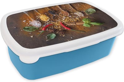 Broodtrommel Blauw - Lunchbox - Brooddoos - Lepels - Kruiden - Chilipeper - Specerijen - 18x12x6 cm - Kinderen - Jongen