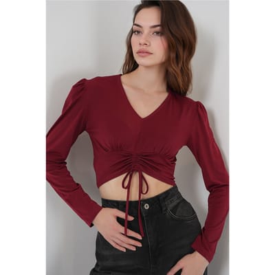 Gestructureerde V-hals Crop Top met Rimpeldetail