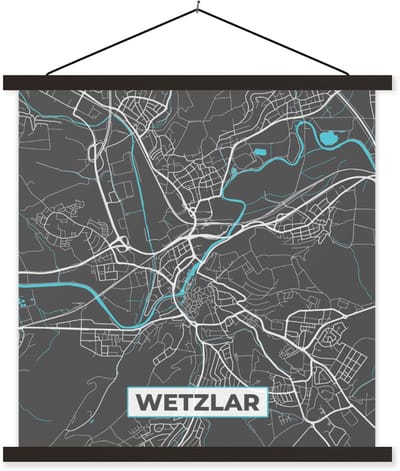 Posterhanger incl. Poster 60x60 cm - Schoolplaat - Wetzlar – Stadskaart – Blauw – Plattegrond – Stadskaart – Kaart - Duitsland - Textielposter - Zwarte latten - Stadskaart