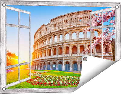 Gards Tuinposter Doorkijk Colosseum bij Zonsopgang in Rome, Italië - 60x40 cm - Tuindoek - Tuindecoratie - Wanddecoratie buiten - Tuinschilderij