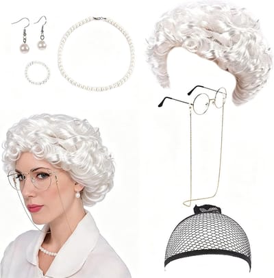 7 Stuks Kostuum Set voor Grootmoeder Cosplay, Oma Decoratie Kostuum voor Halloween, Carnaval en Wereldboekendag (Wit)