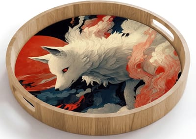 Dienblad rond 40x40 cm - Schootdienblad hout - Witte vos - wolken - maan - Borrelplank rechthoek - Plateau houten dienbladen