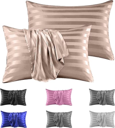 Famanu - Satijnen kussenslopen 50x75 cm champagne beige set 2, satijn streep, envelopsluiting glad en zacht voor haar en huid