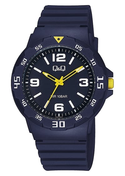 Q&Q-Horloge-Jongens-Mannen-Waterdicht-10BAR-Zwemmen/Sporten-Rubber band-43MM-Blauw/Geel