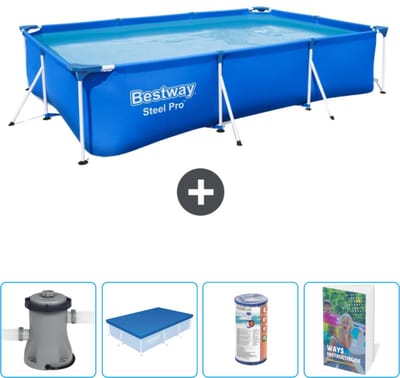 Bestway Rechthoekig Steel Pro Zwembad - 300 x 201 x 66 cm - Blauw - Inclusief Pomp - Afdekzeil - Filter - Zwembadgids