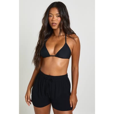 boohoo Dames Essentials Linnen-look Shorts | Zwart | Maat: 34