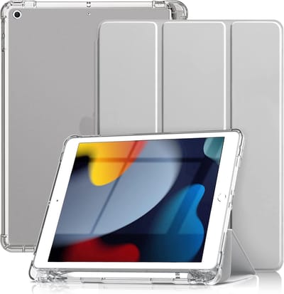 Hoes geschikt voor iPad 2021 hoes Grijs - Tablet hoes iPad 9/8/7 10.2 inch (9e generatie 2021 / 8e generatie 2020 / 7e generatie 2019) - iPad Air 3 hoes Smart Case met Harde Doorzichtige Achterkant en Pencil Slot