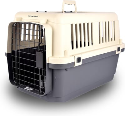 Transportbox Voor Huisdieren met Duo-Deur - Veilig Op Pad, Optimaal Geventileerd Dierenvervoerder met Veiligheidssloten voor Katten, Honden en Knaagdieren - Donkergrijs & Beige - 50x33x33 cm,