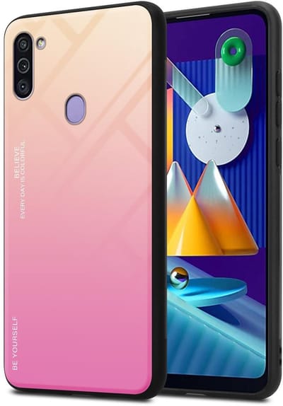 Cadorabo Hoesje geschikt voor Samsung Galaxy A11 / M11 in GEEL - ROZE - Tweekleurige beschermhoes van TPU-silicone Case Cover en achterzijde van gehard glas