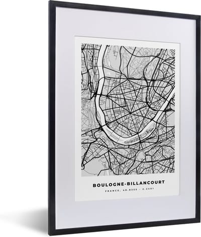 Fotolijst incl. Poster - Plattegrond - Boulogne-Billancourt - Stadskaart - Kaart - Frankrijk - 30x40 cm - Posterlijst