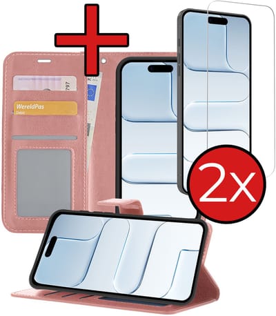 Hoesje - Met 2x Screenprotector - Geschikt voor Apple iPhone Air - Luxe Pasjeshouder - Flip Case - Bookcase Portemonee - Kunstleer Book Case - Flipcase Hoes - Book Cover - Walletcase - Portemonneehoes - Telefoonhoes - Rosé goud