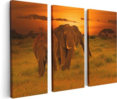 Artaza Canvas Schilderij Drieluik Olifanten In Het Wild - Zonsondergang - 120x80 - Foto Op Canvas - Canvas Print