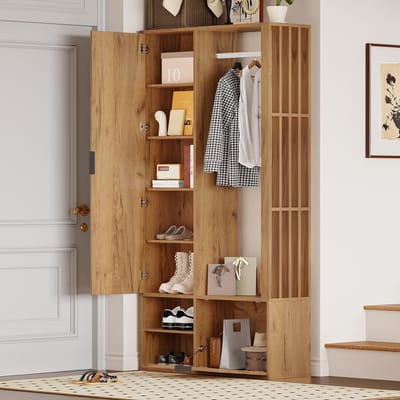 DESMIU Garderobekast - 6 In 1 Halmeubel Met Spiegel En Opbergruimte - Voor Hal En Ruimte Onder Trap - Spaanplaat - 100x33x190 Cm - Naturel