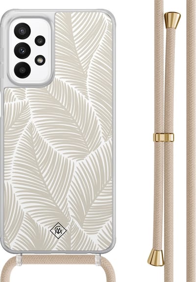 Casimoda® hoesje met beige koord - Geschikt voor Samsung A23 - Palm Leaves Beige - Afneembaar koord - TPU/acryl - Bruin/beige