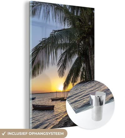 ® Glasschilderij 120x180 cm - Schilderij acrylglas - Zonsondergang boven de vissershaven in Mozambique - Foto op glas - Muurdecoratie woonkamer - Wanddecoratie slaapkamer - Schilderijen