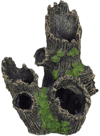 GELLDG Aquariumgrot - Aquariumdecoratie - Aquariuminrichting - Grot in een boomstam - Natuurlijke uitstraling - Schuilplaats - Aquariumaccessoires - 18,5 x 9 x 7 cm - Zwartgroen