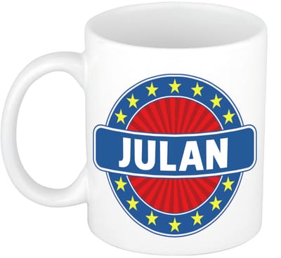 Bellatio Decorations - julan voornaam - koffiemok - beker - wit/blauw - 300 ml - Cadeau - Heren - Collega - Vaderdag - Verjaardag